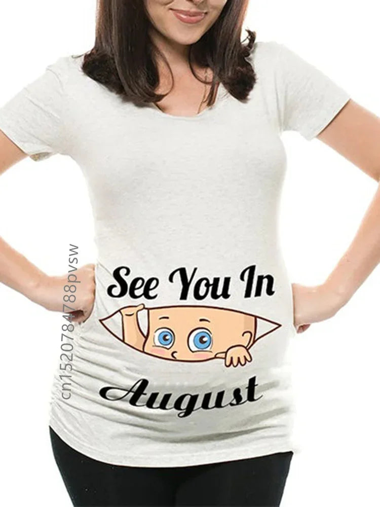 Pregnant Pregnancy Announcement Women's T-Shirt Female Pregnancy Clothes New Mom Clothes See You in January-December Funny Tops