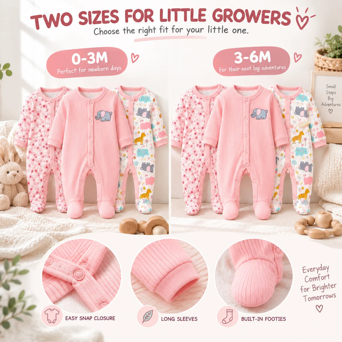 3Pcs Baby Girl Rompers Long Sleeve Footed Jumpsuits Newborn Infant Clothes Floral Elephant Animal Print Bodysuits 0-6M