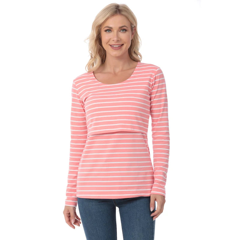 Striped Maternity T-shirts Long Sleeve Nursing Breastfeeding Clothes For Pregnant Women Cotton Postpartum Tees