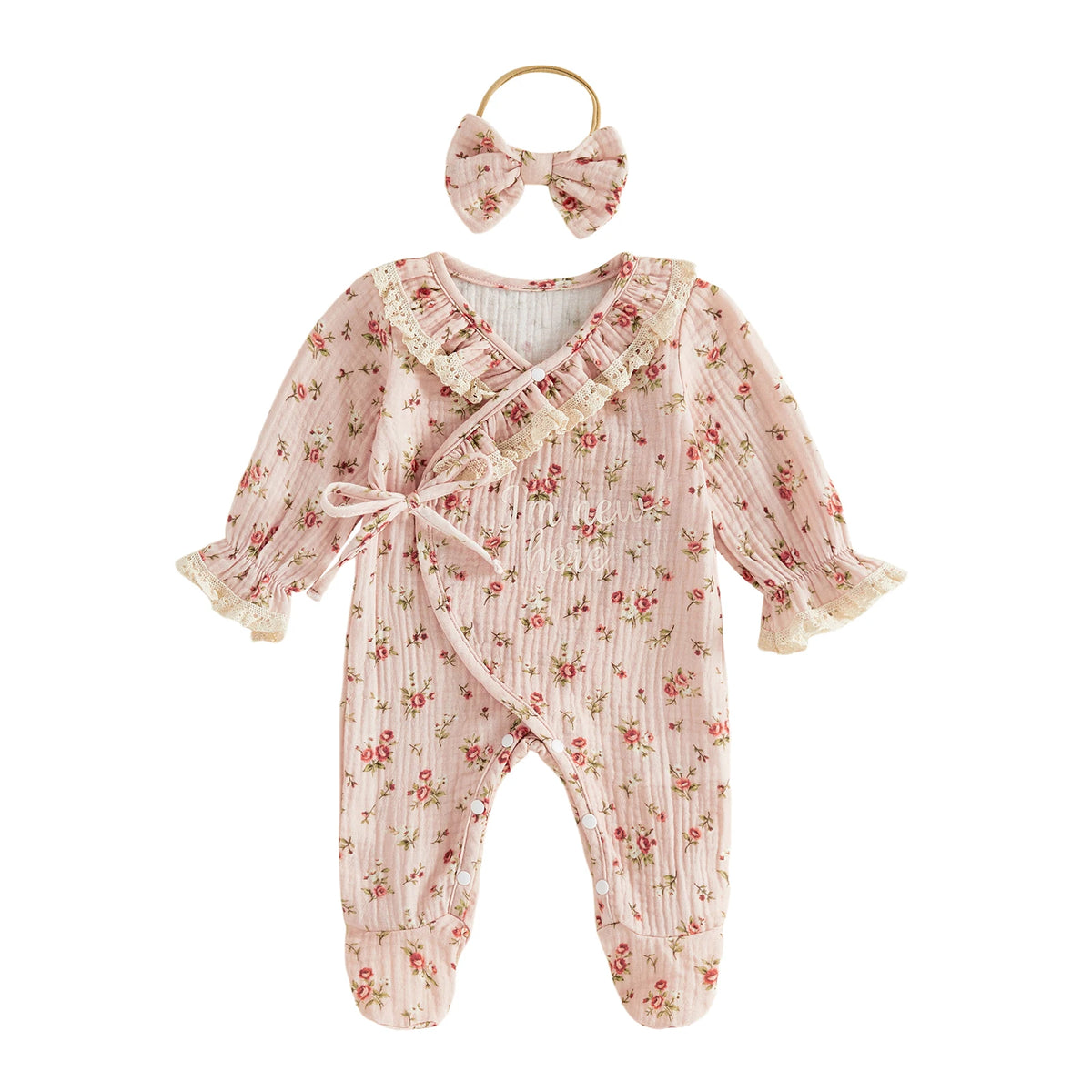 Baby Clothing Girl Fall Autumn Outfits Flower Print Long Sleeve Footed Jumpsuit, Headband Clothes