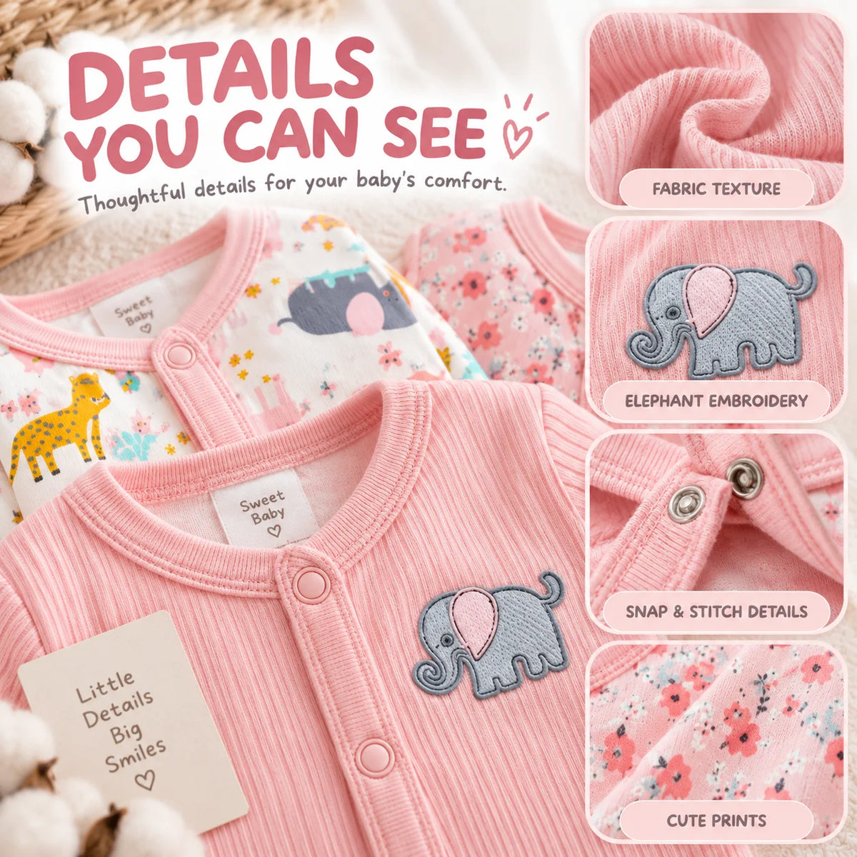 3Pcs Baby Girl Rompers Long Sleeve Footed Jumpsuits Newborn Infant Clothes Floral Elephant Animal Print Bodysuits 0-6M