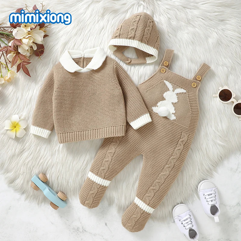 Newborn Baby Clothes Cute Rabbit Knit Infant Boys Girls Sweaters Pullovers+Rompers+Hats Outfits Sets 3pcs Toddler Child Costumes