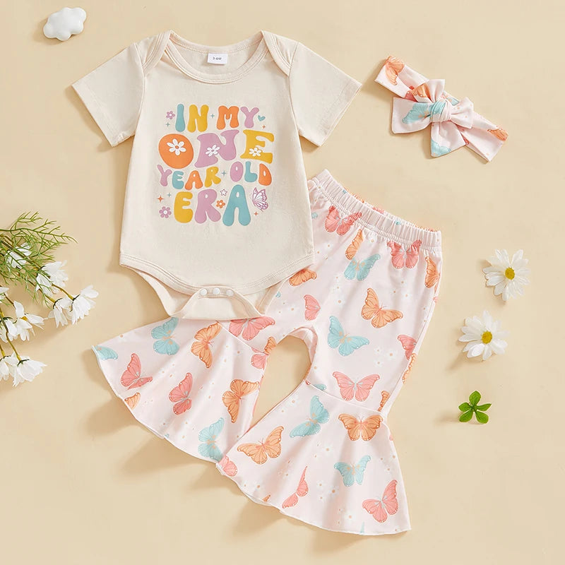 Toddler Baby Girl Birthday Outfits In My One Year Old Era Shirt Romper Bell Bottoms Birthday Girl Clothing Set
