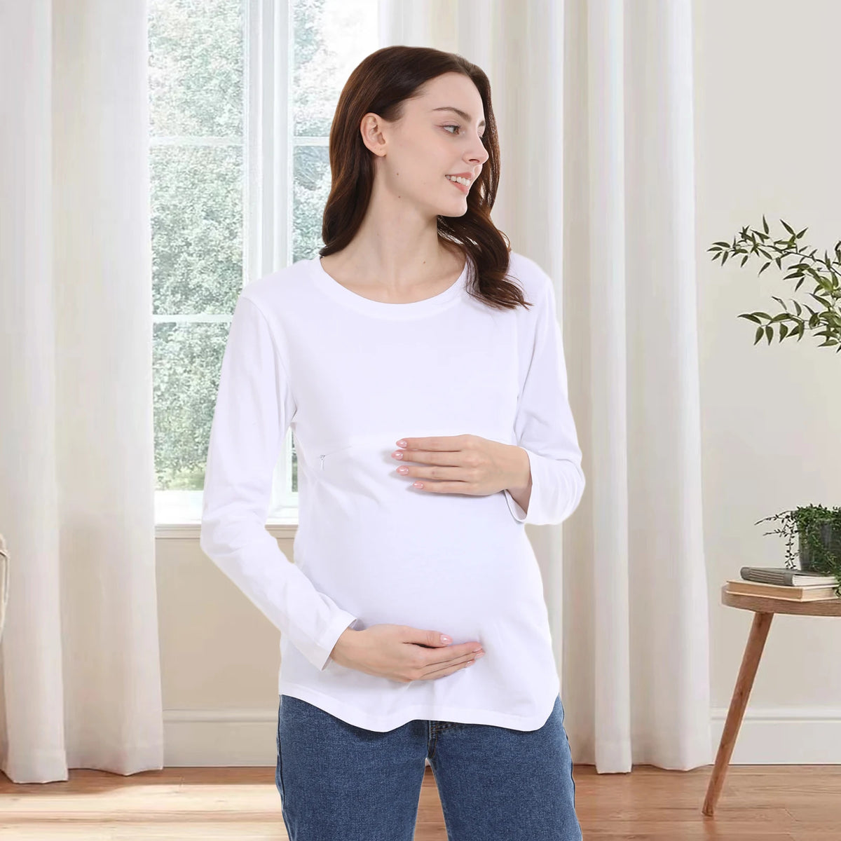 Long Sleeve Maternity Nursing Shirt Round Neck Horizontal Zipper Breastfeeding Top Soft Stretch Cotton Pregnancy Clothes