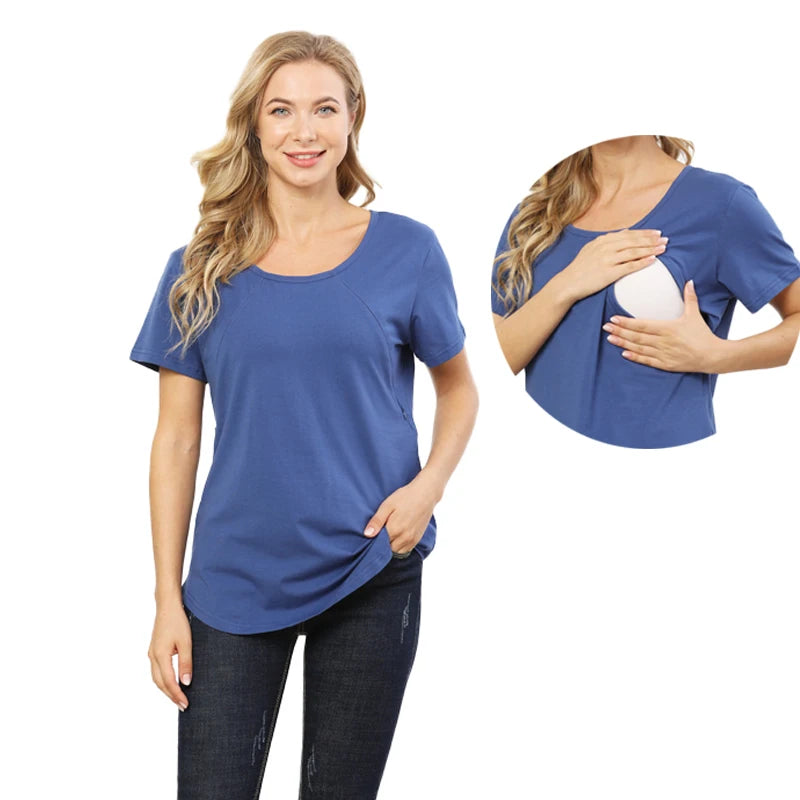 New Women Maternel T Shirt Short Sleeve Stretch Cotton Tops Zipper Breastfeeding Loose Pregnant Clothes Big Size