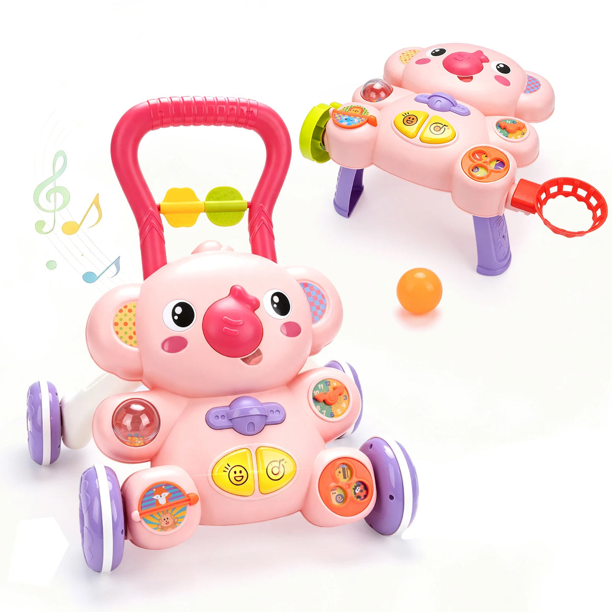 Cartoon Baby Push Walker Toy with Drawing Board Music Multifunction Activity Infant Learning Walk for 6-15 Months Toddler Walker