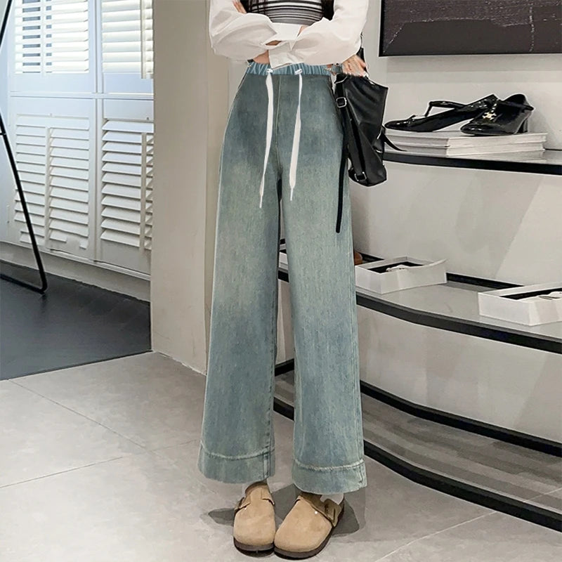 Autumn and Winter Pregnant Women's Belly Pants Fashion Loose Straight Leg Korean Style High Waist Maternity Jeans Denim Trousers