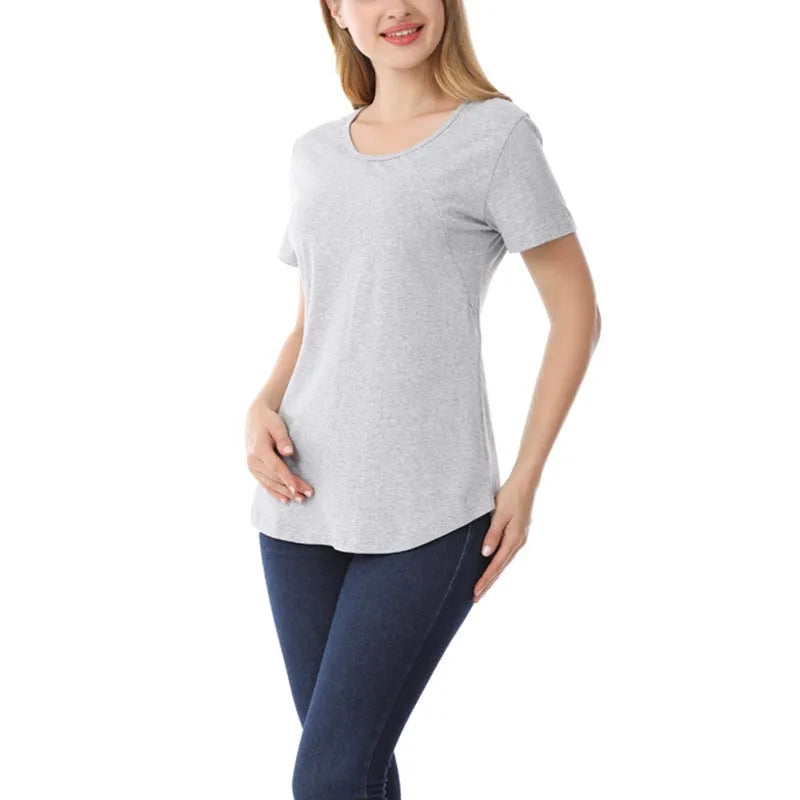 Summer Maternity T Shirt  Short Sleeve Stretch Cotton Tops Zipper Breastfeeding Loose Pregnant Clothes Big Size