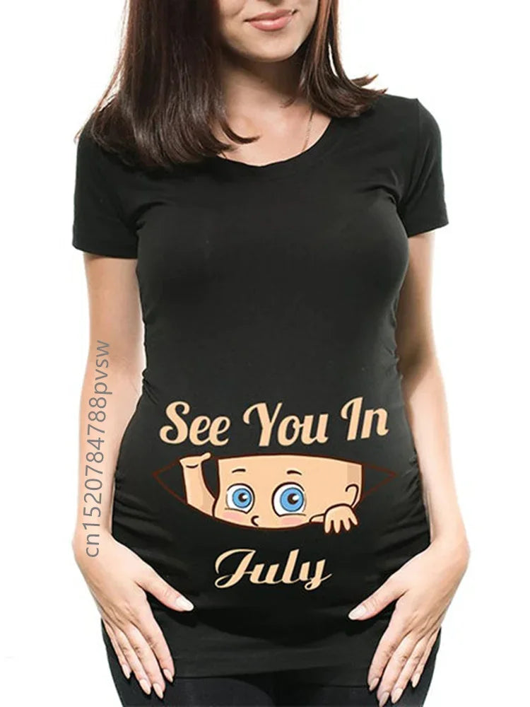 Pregnant Pregnancy Announcement Women's T-Shirt Female Pregnancy Clothes New Mom Clothes See You in January-December Funny Tops