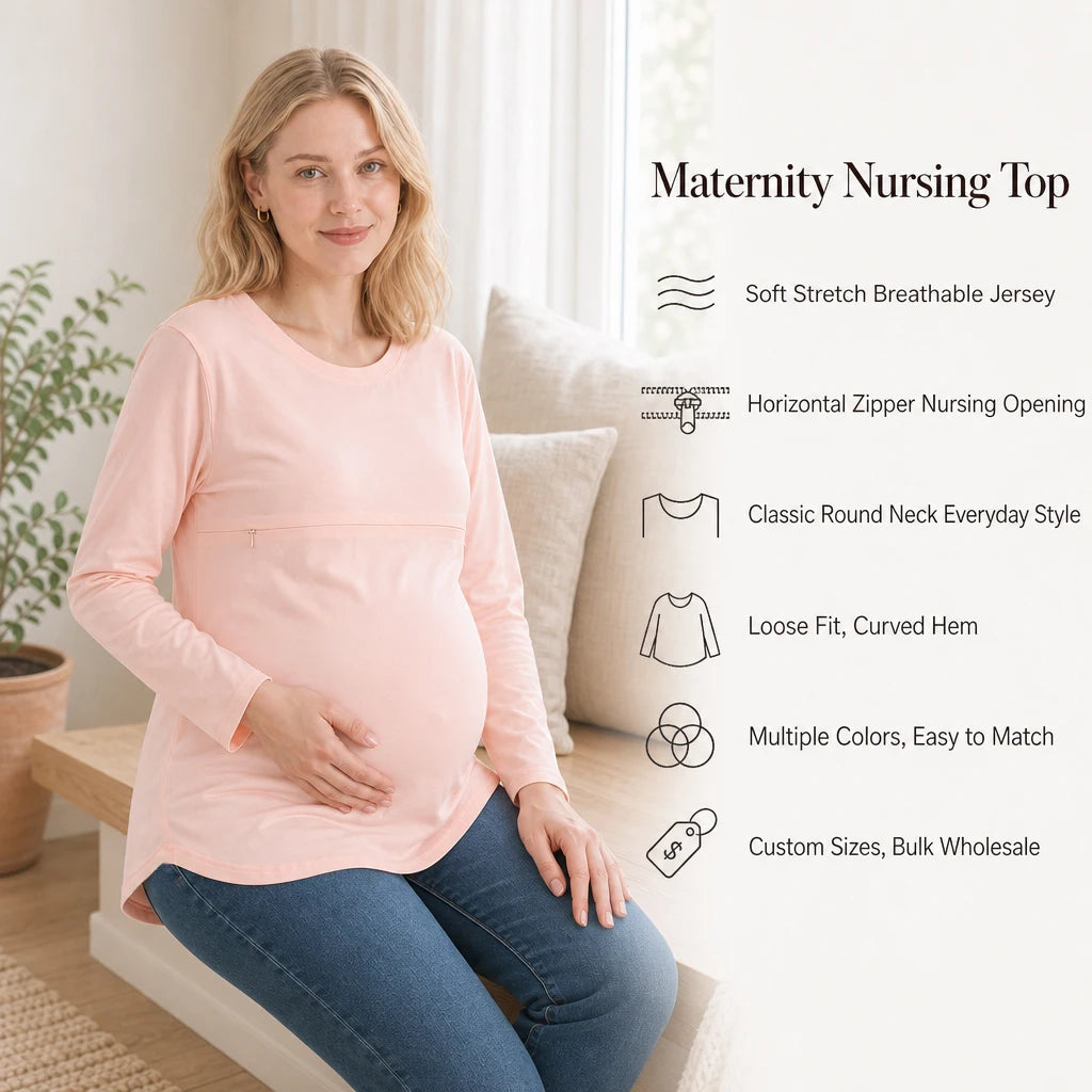 Long Sleeve Maternity Nursing Shirt Round Neck Horizontal Zipper Breastfeeding Top Soft Stretch Cotton Pregnancy Clothes
