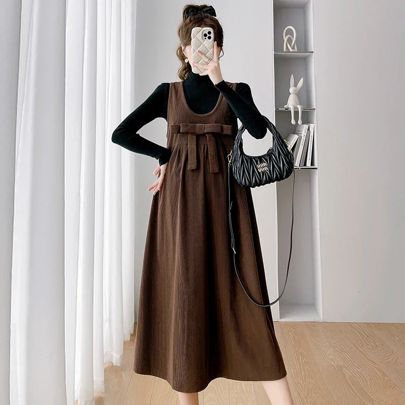 Autumn and Winter Maternity Sundress with Bowknot Sweet Pregnant Woman Corduroy Tank Dress Plus Size Sleeveless Pregnancy Dress