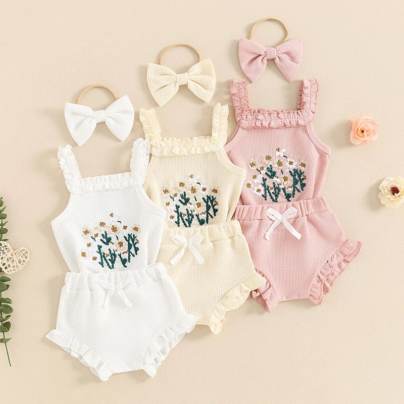 Newborn Baby Girl Summer 3Pieces Sets Embroidered Floral Sleeveless Tank Romper+Ruffle Cuffs Shorts+Headband Waffle Knit Outfits