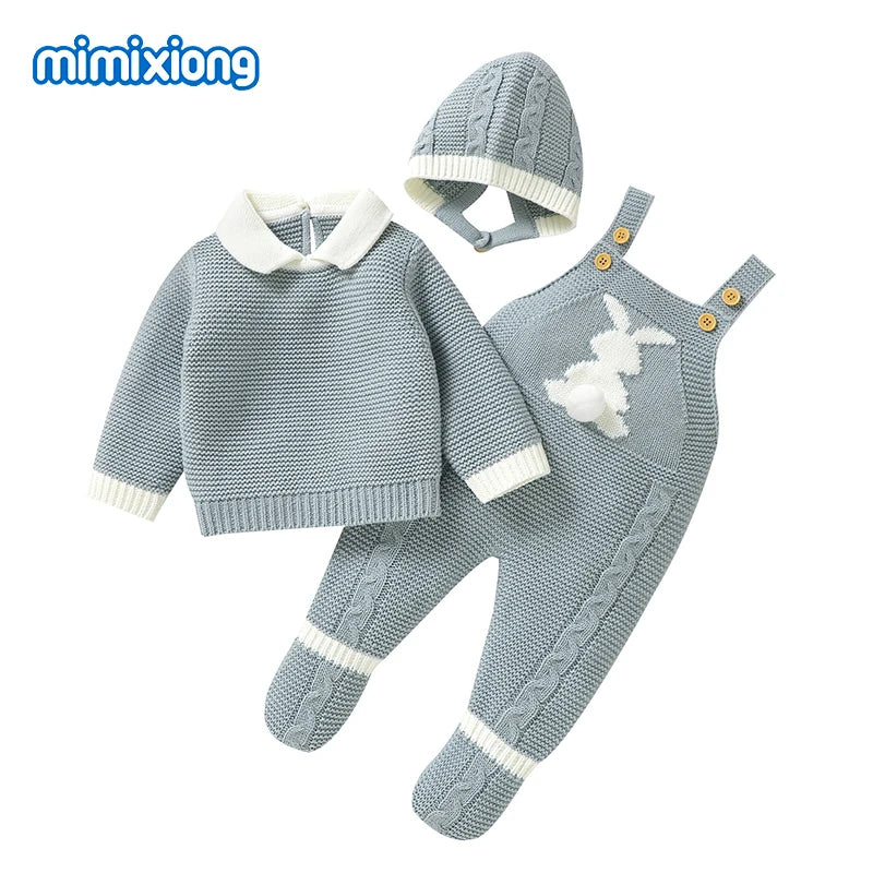 Newborn Baby Clothes Cute Rabbit Knit Infant Boys Girls Sweaters Pullovers+Rompers+Hats Outfits Sets 3pcs Toddler Child Costumes
