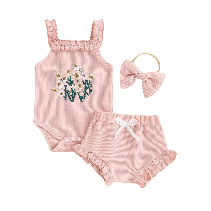 Newborn Baby Girl Summer 3Pieces Sets Embroidered Floral Sleeveless Tank Romper+Ruffle Cuffs Shorts+Headband Waffle Knit Outfits