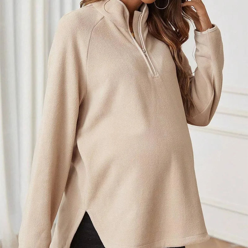 Maternity T-Shirt AutumnWinter Maternity Fashion Solid-Color Zipper Loose-Fit Long-Sleeve T-Shirt