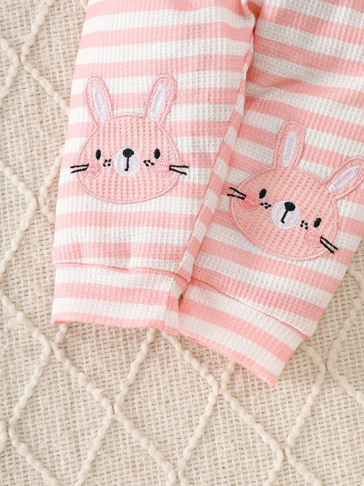 Cute Rabbit Embroidery for Infants and Toddlers, Waffle Sweatshirt, Striped Jogger Pants, Two-Piece Set, Knee Pads, Elastic Waist, Soft and Warm