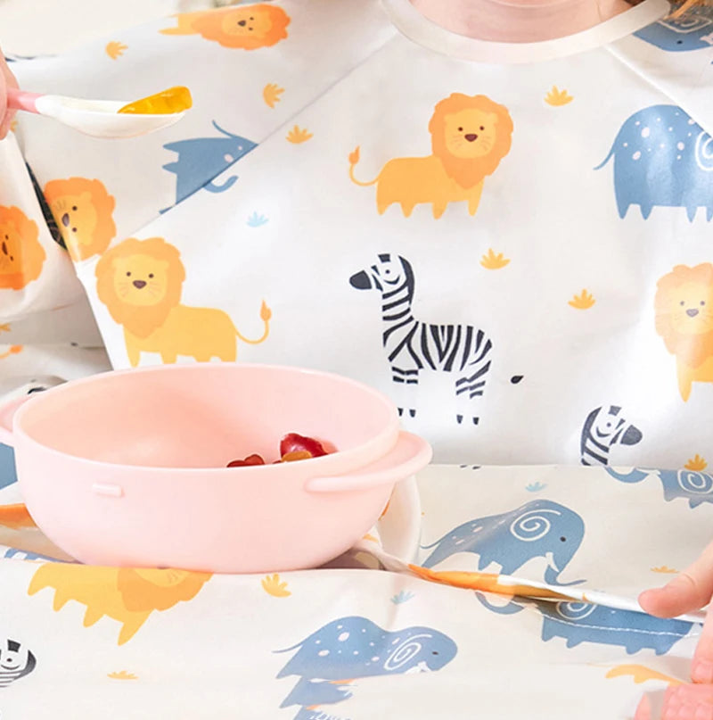 Waterproof Coverall Baby Feeding Bibs for 6 Month To 5 Years Old Toddler Long Sleeve Weaning Bib Attaches To Highchair and Table