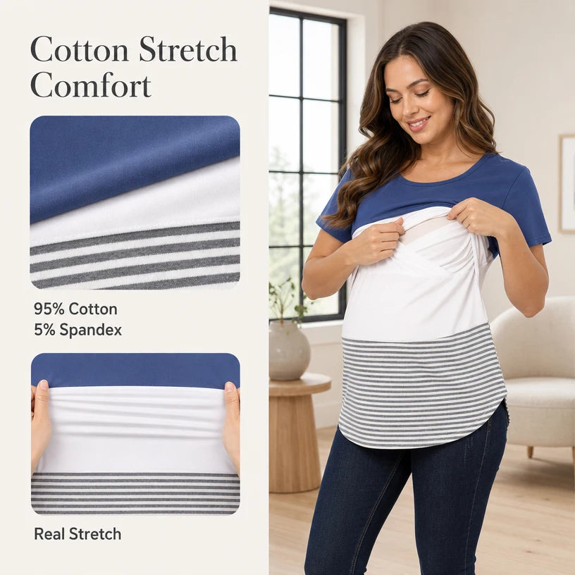 Maternity Nursing T-Shirt Short Sleeve Color Block Striped Top Soft Cotton Breastfeeding Tee Upper Lift Blouse for Pregnancy