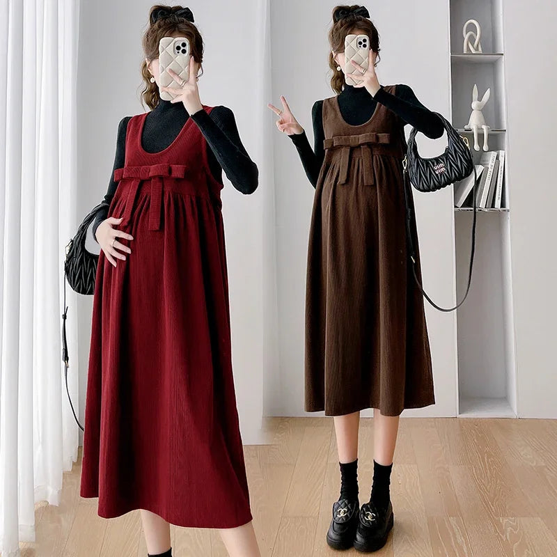 Autumn and Winter Maternity Sundress with Bowknot Sweet Pregnant Woman Corduroy Tank Dress Plus Size Sleeveless Pregnancy Dress