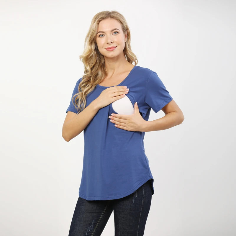 New Women Maternel T Shirt Short Sleeve Stretch Cotton Tops Zipper Breastfeeding Loose Pregnant Clothes Big Size
