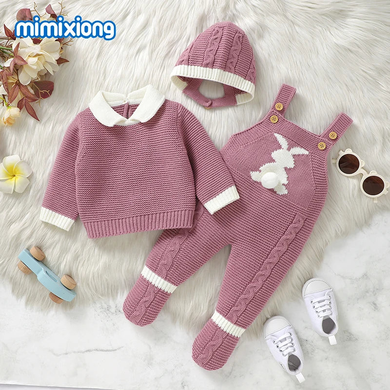 Newborn Baby Clothes Cute Rabbit Knit Infant Boys Girls Sweaters Pullovers+Rompers+Hats Outfits Sets 3pcs Toddler Child Costumes