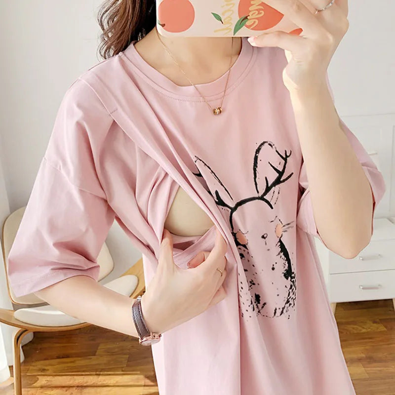 1PC Long Sleeve Nursing T-shirt Fashion Letters Print Maternity Lactation Clothes Postpartum Woman Breastfeeding Top and Tees