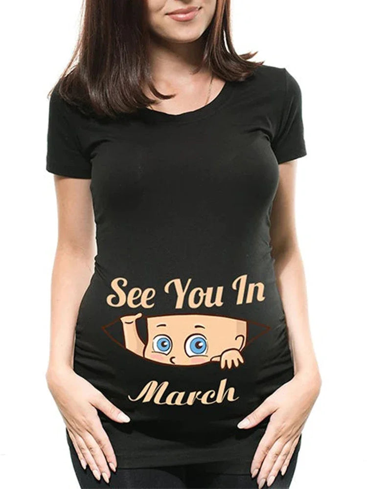 Pregnant Pregnancy Announcement Women's T-Shirt Female Pregnancy Clothes New Mom Clothes See You in January-December Funny Tops