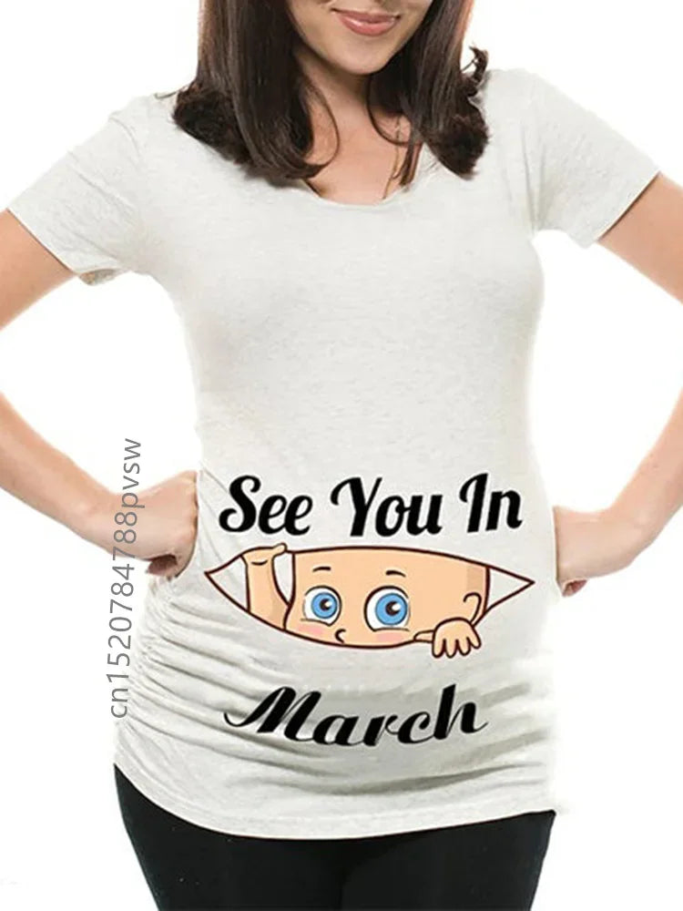 Pregnant Pregnancy Announcement Women's T-Shirt Female Pregnancy Clothes New Mom Clothes See You in January-December Funny Tops