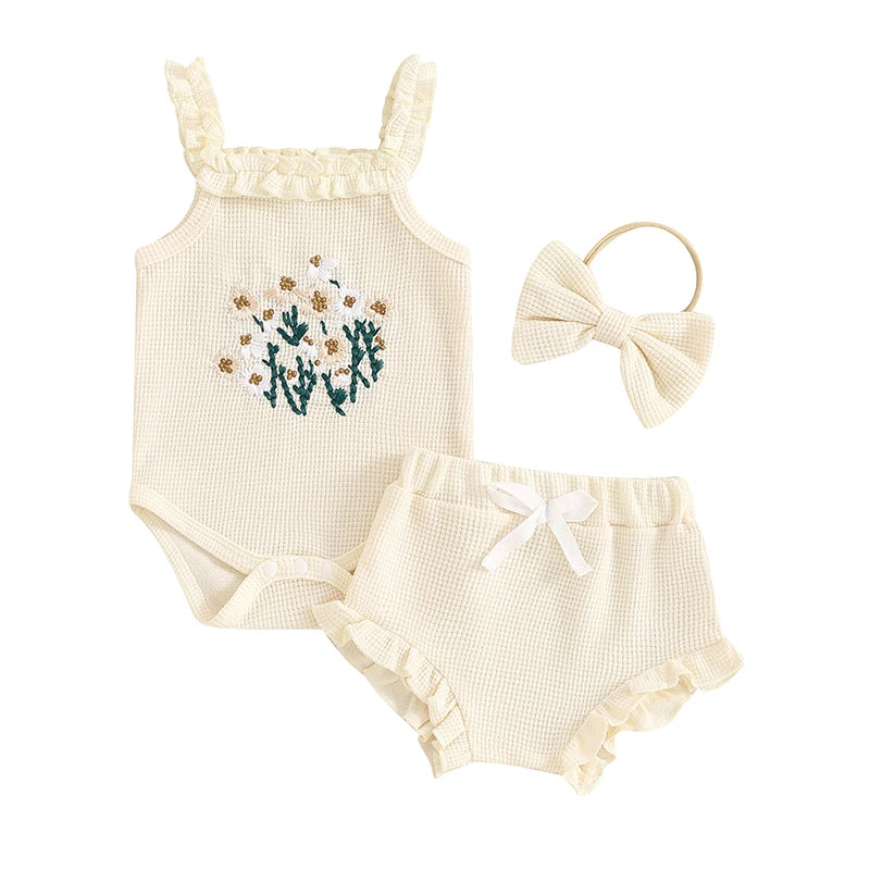 Newborn Baby Girl Summer 3Pieces Sets Embroidered Floral Sleeveless Tank Romper+Ruffle Cuffs Shorts+Headband Waffle Knit Outfits