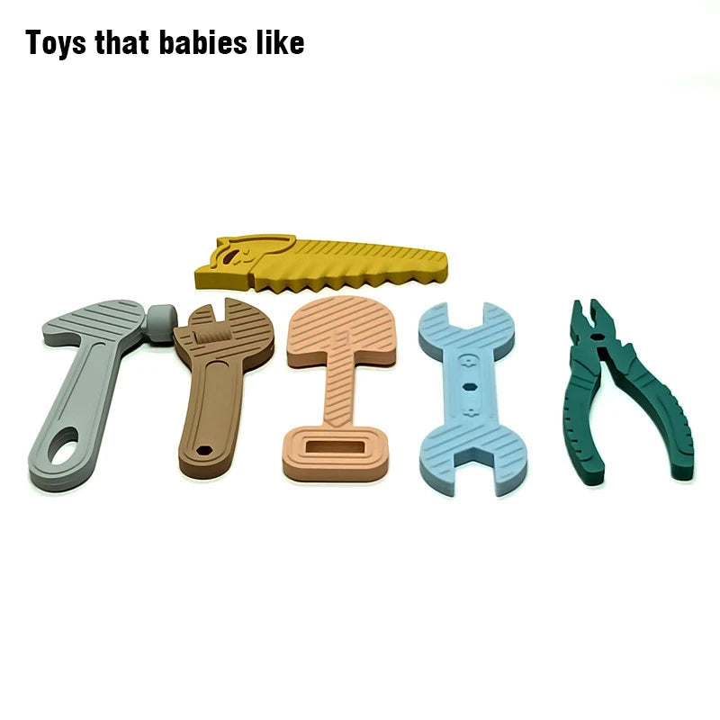 6pcs Hammer Spanner Pliers Tool Teether Boilable Soft Silicone Baby Biting Gum Music Teething Stick Anti-Eating Hand