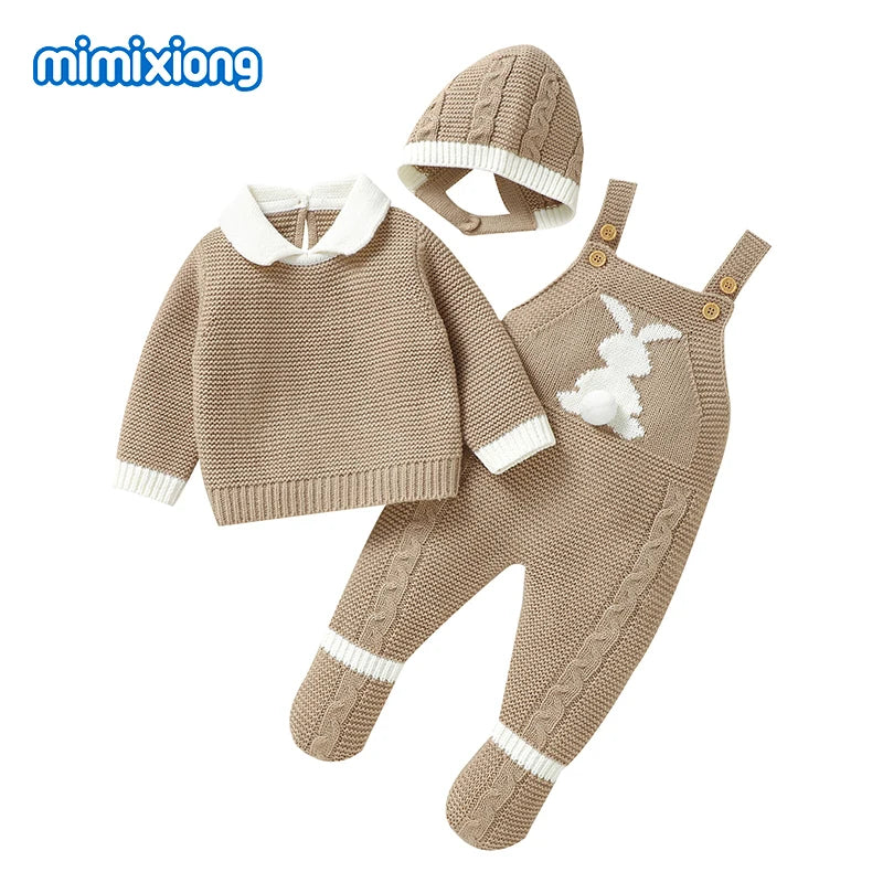 Newborn Baby Clothes Cute Rabbit Knit Infant Boys Girls Sweaters Pullovers+Rompers+Hats Outfits Sets 3pcs Toddler Child Costumes
