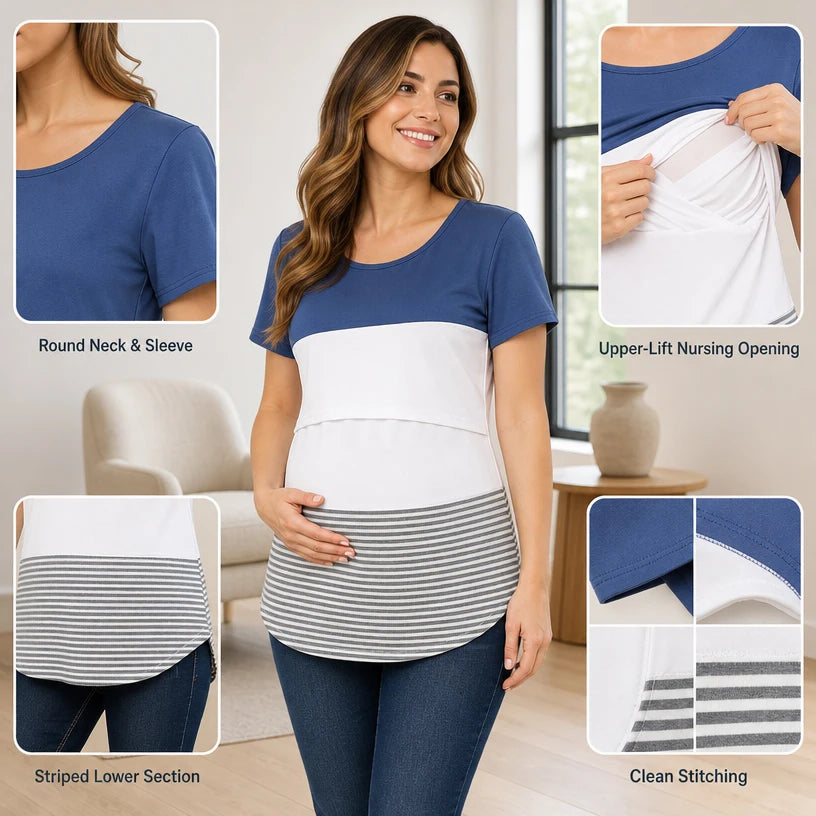 Maternity Nursing T-Shirt Short Sleeve Color Block Striped Top Soft Cotton Breastfeeding Tee Upper Lift Blouse for Pregnancy