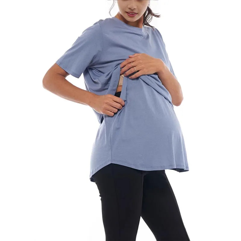 Summer Plus Size Maternity Breastfeeding Tops Short Sleeve Lactation T-Shirt Zip Nursing Tees for Pregnant Women