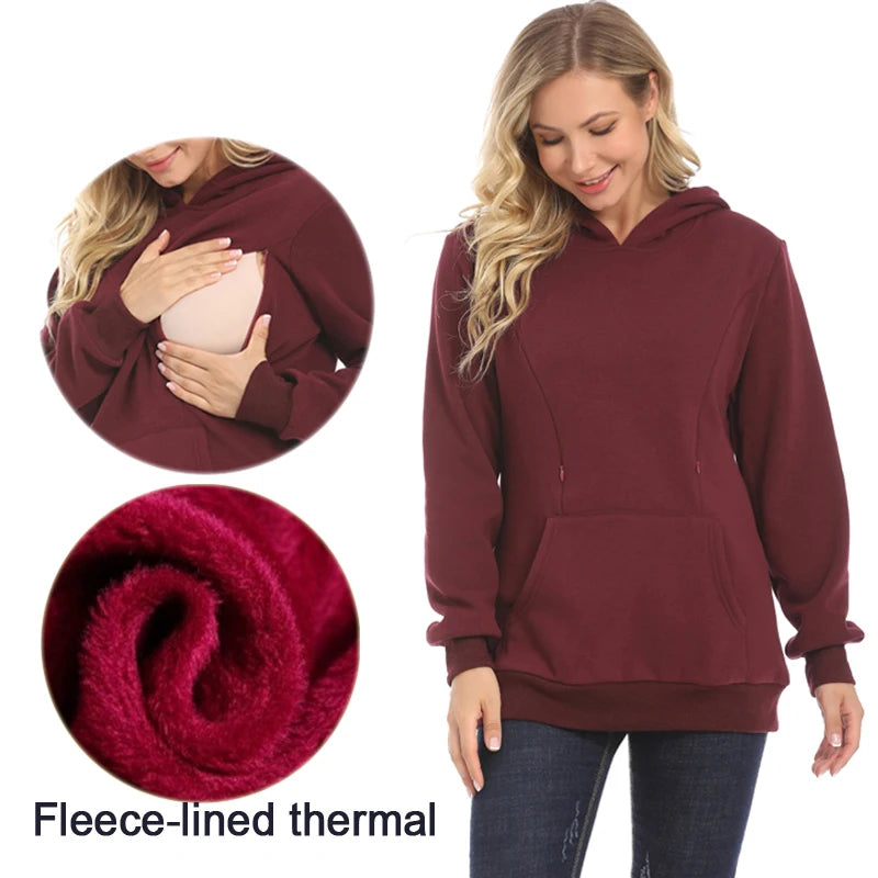 Maternity Hoodied Sweater Winter Thermal Fabric Long Sleeve Breastfeeding Jumpers Nursing Wear Lactation Clothes