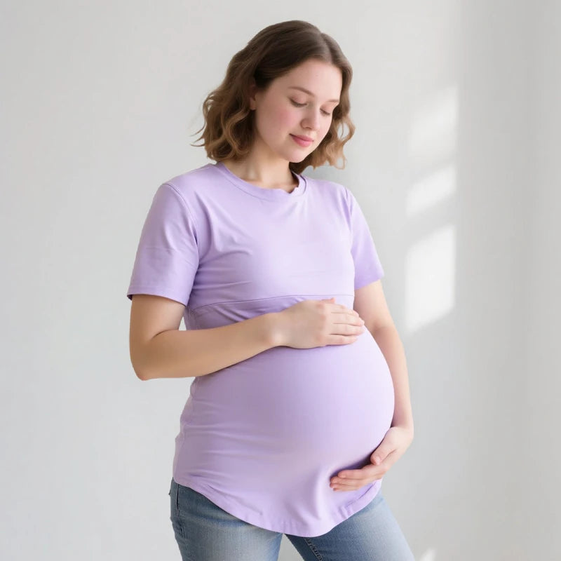 Summer Plus Size Maternity Breastfeeding Tops Short Sleeve Cotton Lactation T-Shirt Zip Nursing Tees for Pregnant Women