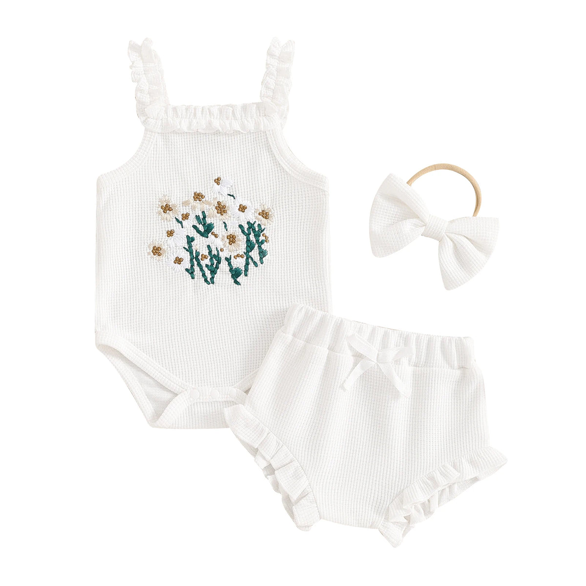 Newborn Baby Girl Summer 3Pieces Sets Embroidered Floral Sleeveless Tank Romper+Ruffle Cuffs Shorts+Headband Waffle Knit Outfits