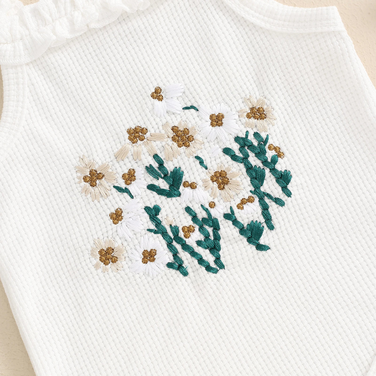 Newborn Baby Girl Summer 3Pieces Sets Embroidered Floral Sleeveless Tank Romper+Ruffle Cuffs Shorts+Headband Waffle Knit Outfits