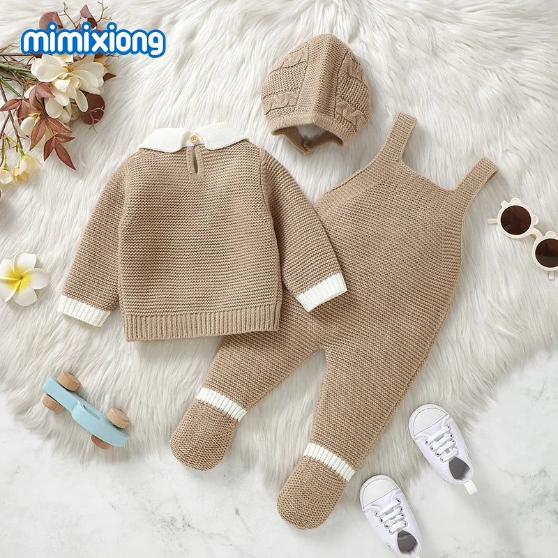 Newborn Baby Clothes Cute Rabbit Knit Infant Boys Girls Sweaters Pullovers+Rompers+Hats Outfits Sets 3pcs Toddler Child Costumes