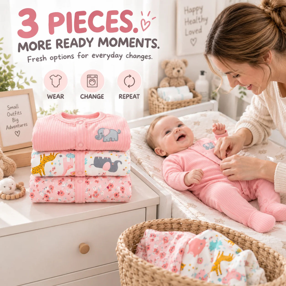 3Pcs Baby Girl Rompers Long Sleeve Footed Jumpsuits Newborn Infant Clothes Floral Elephant Animal Print Bodysuits 0-6M