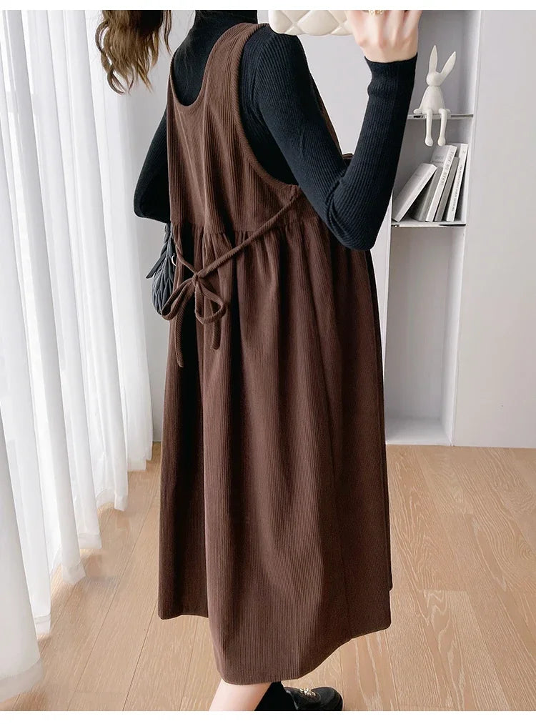 Autumn and Winter Maternity Sundress with Bowknot Sweet Pregnant Woman Corduroy Tank Dress Plus Size Sleeveless Pregnancy Dress