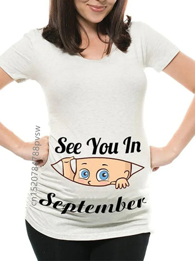 Pregnant Pregnancy Announcement Women's T-Shirt Female Pregnancy Clothes New Mom Clothes See You in January-December Funny Tops
