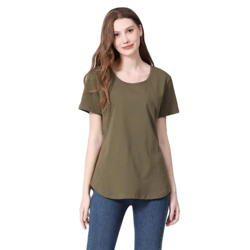 New Women Maternel T Shirt Short Sleeve Stretch Cotton Tops Zipper Breastfeeding Loose Pregnant Clothes Big Size