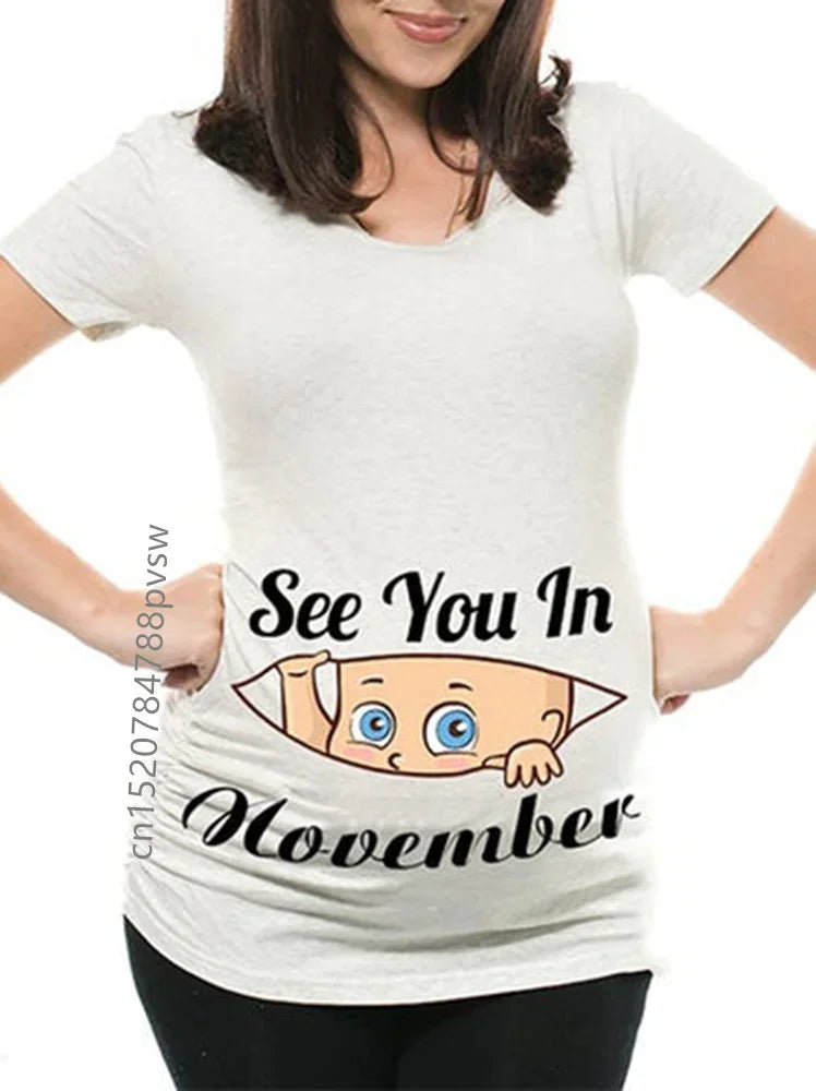 Pregnant Pregnancy Announcement Women's T-Shirt Female Pregnancy Clothes New Mom Clothes See You in January-December Funny Tops
