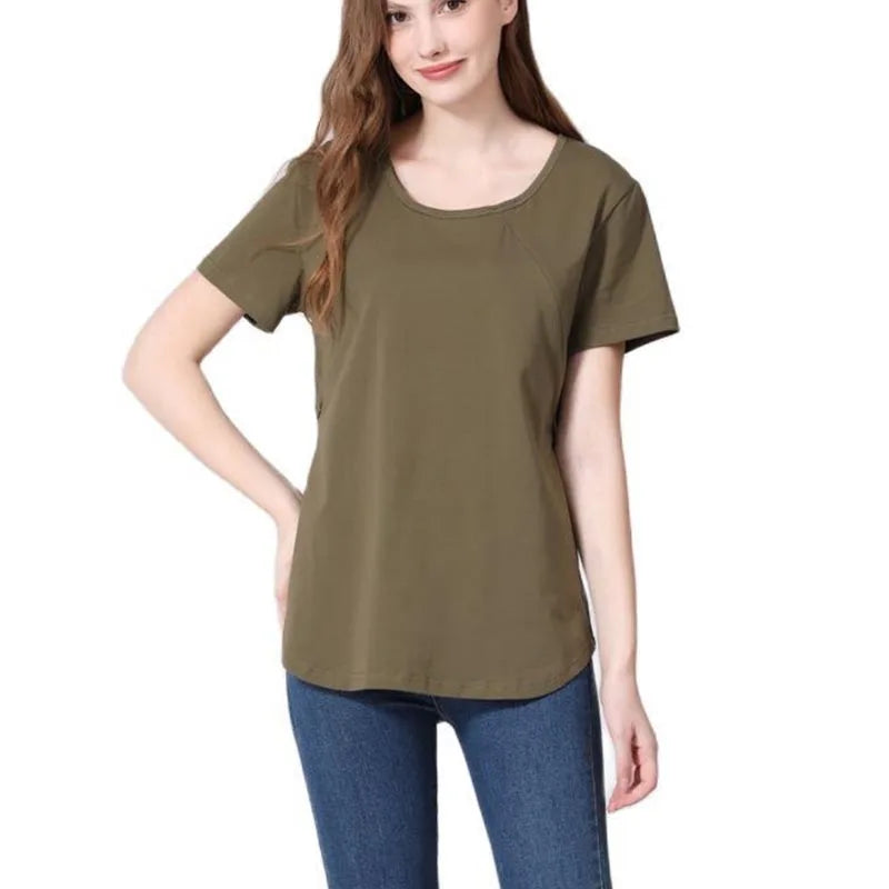 Summer Maternity T Shirt  Short Sleeve Stretch Cotton Tops Zipper Breastfeeding Loose Pregnant Clothes Big Size