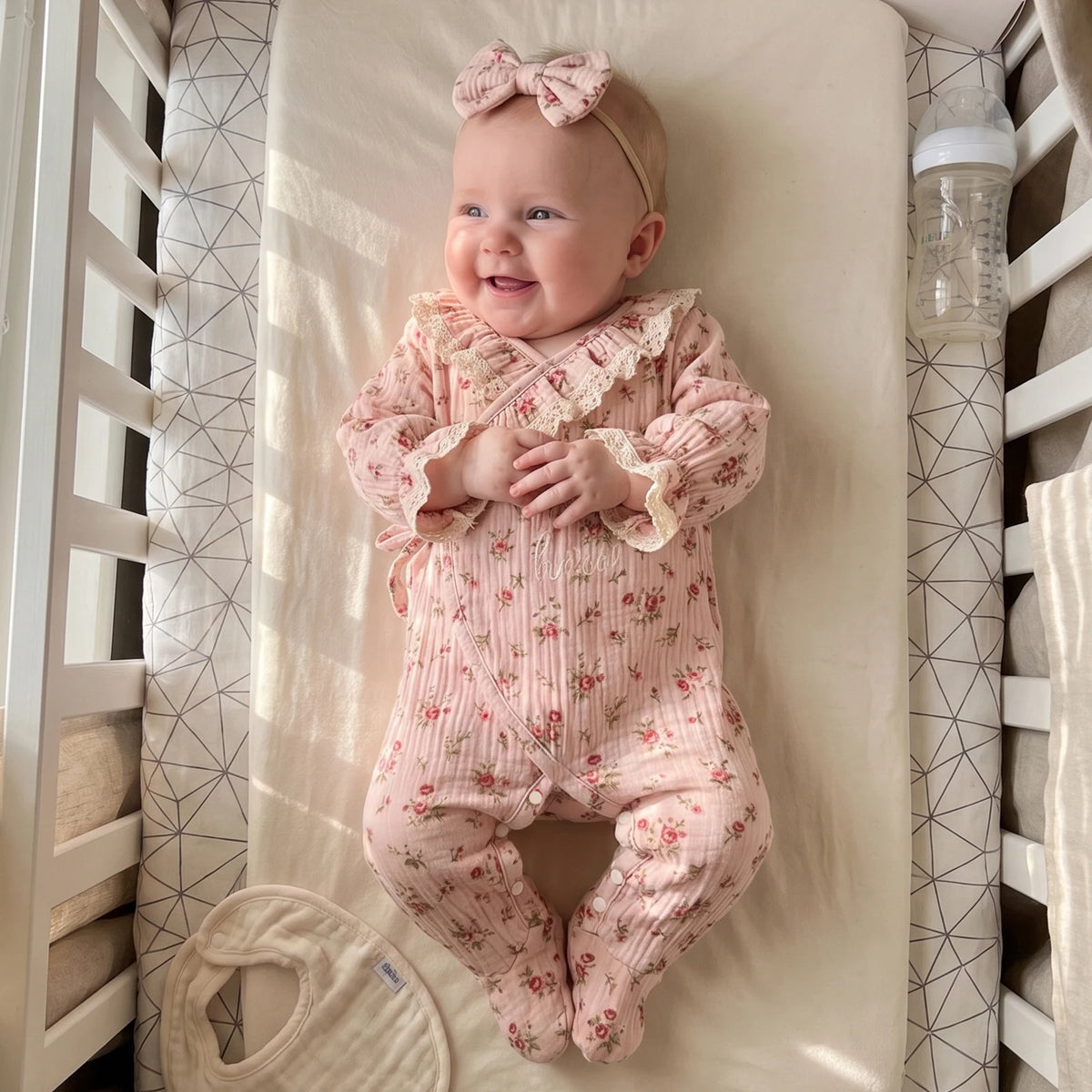 Baby Clothing Girl Fall Autumn Outfits Flower Print Long Sleeve Footed Jumpsuit, Headband Clothes