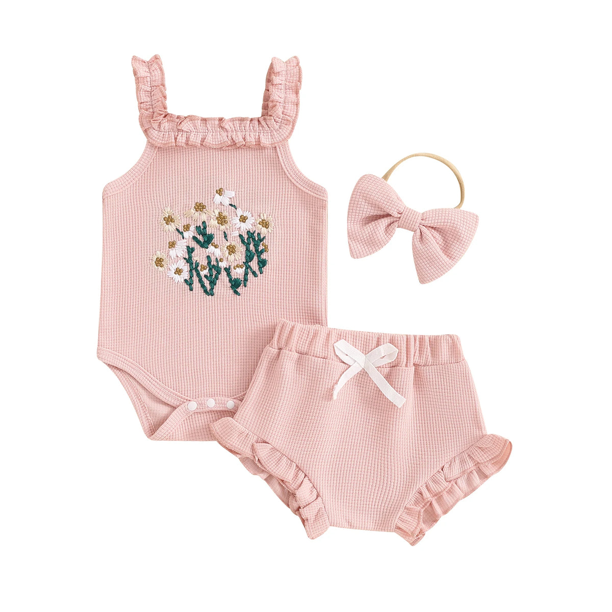 Newborn Baby Girl Summer 3Pieces Sets Embroidered Floral Sleeveless Tank Romper+Ruffle Cuffs Shorts+Headband Waffle Knit Outfits
