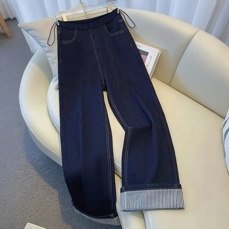 Autumn and Winter Pregnant Women's Belly Pants Fashion Loose Straight Leg Korean Style High Waist Maternity Jeans Denim Trousers