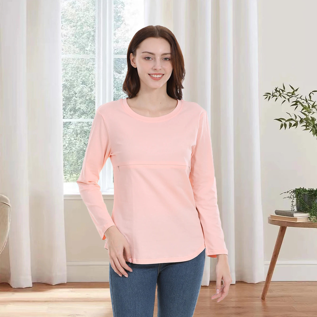 Long Sleeve Maternity Nursing Shirt Round Neck Horizontal Zipper Breastfeeding Top Soft Stretch Cotton Pregnancy Clothes