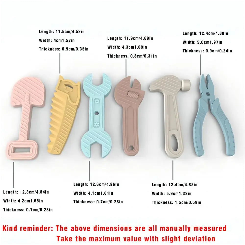 6pcs Hammer Spanner Pliers Tool Teether Boilable Soft Silicone Baby Biting Gum Music Teething Stick Anti-Eating Hand