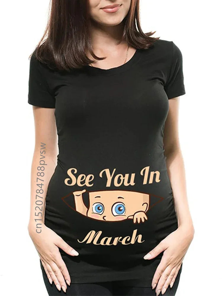 Pregnant Pregnancy Announcement Women's T-Shirt Female Pregnancy Clothes New Mom Clothes See You in January-December Funny Tops